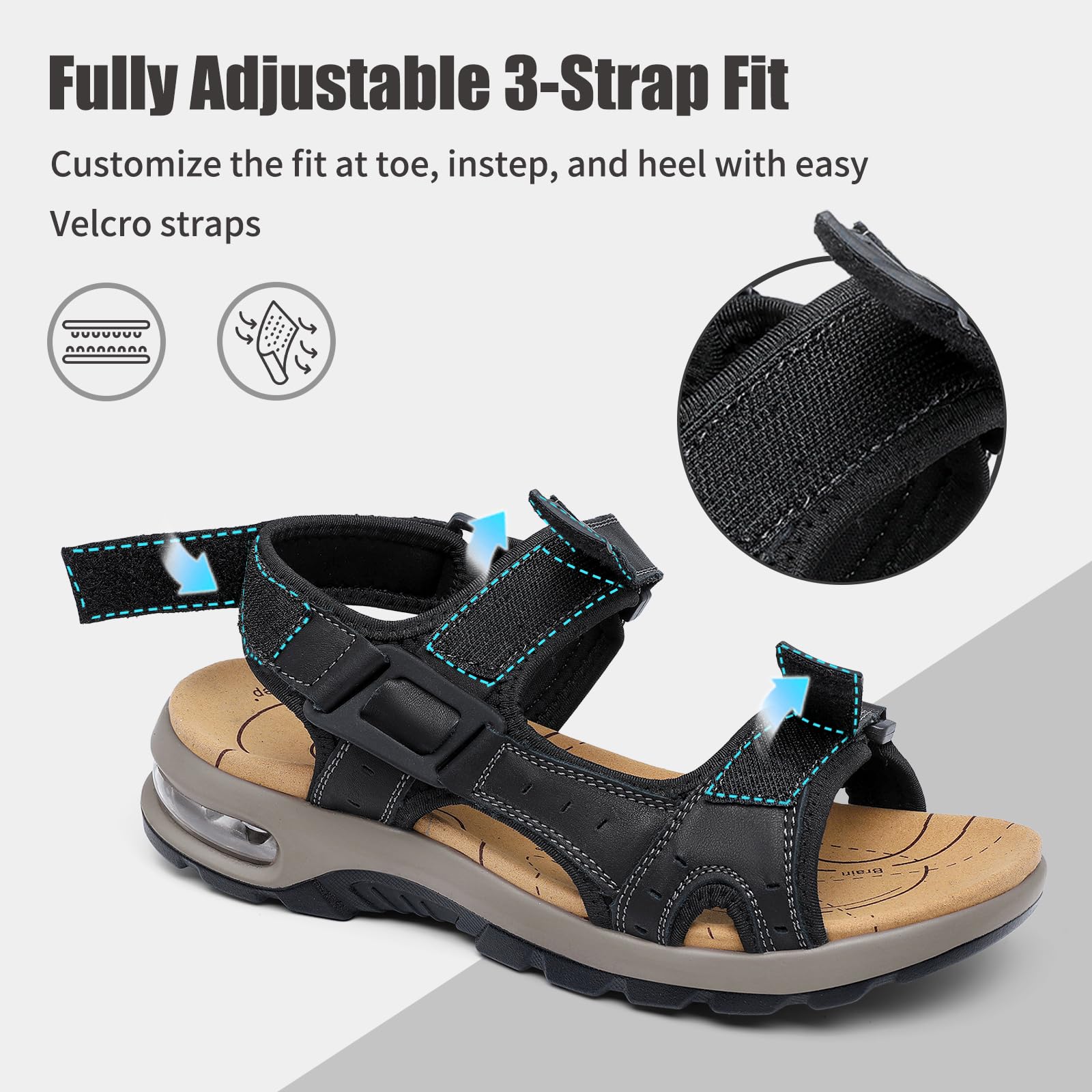 ziitop Men's Athletic Sandals Adjustable Straps Arch Support Air Cushion Durable Hiking Outdoor Non-slip Sandals for Casual Walking