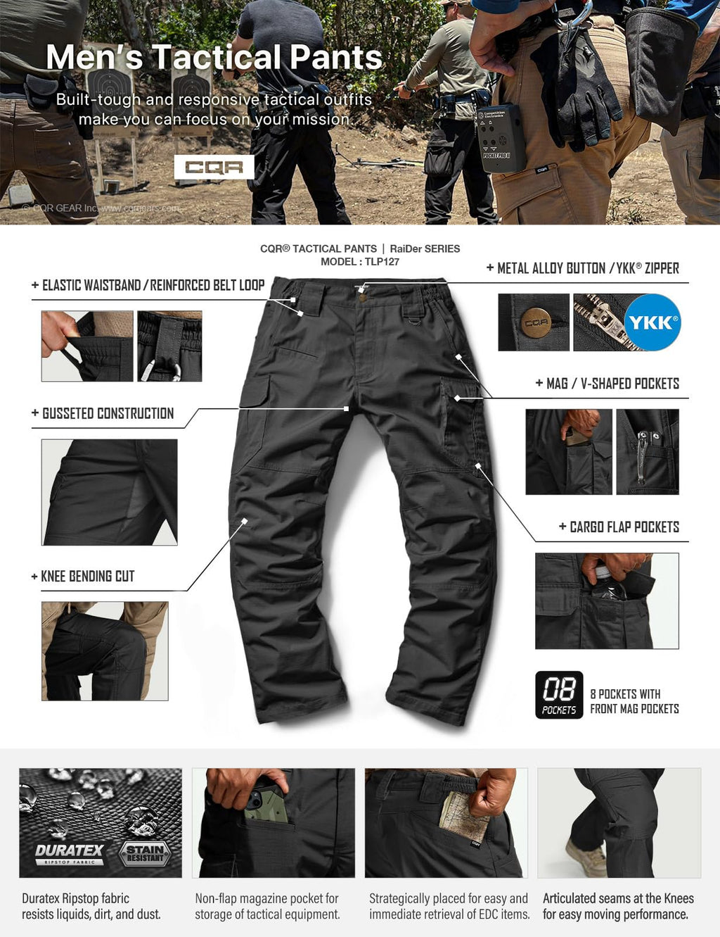 CQR Men's Tactical Pants, Water Resistant Ripstop Cargo Pants, Lightweight EDC Work Hiking Pants, Outdoor Apparel, Raider Mag Pocket Black, 34W x 30L