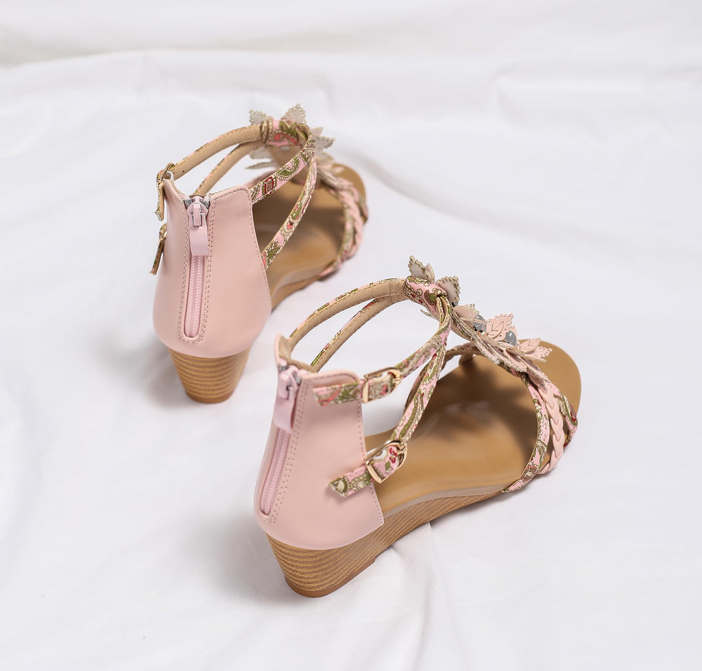 FRALOSHA Wedge Sandals for Women Ankle Strap Flower Sandal Dressy Summer Heel Beach Casual Shoes Pink 9