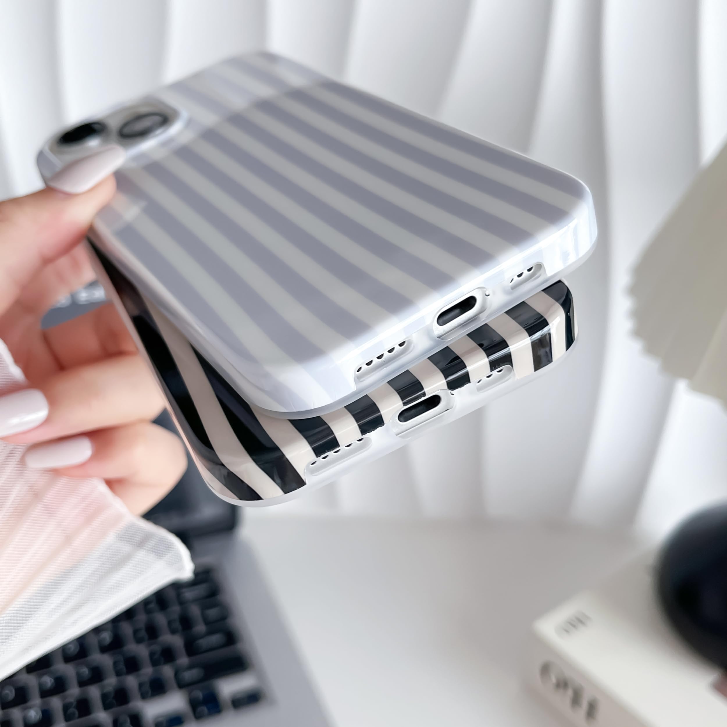 Yeddabox for iPhone 14 Case Cute Striped Phone Case Soft TPU Slim Shockproof Phone Cover for Women Girls, Blue and White