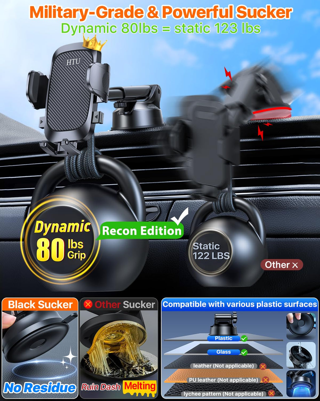 HTU 2026 Upgraded [True Military-Grade] Car Phone Holder【Safety Certs & No Smell】 Cell Phone Holder for Car Mount for Dashboard Windshield Air Vent Long Arm Thick Case,Black