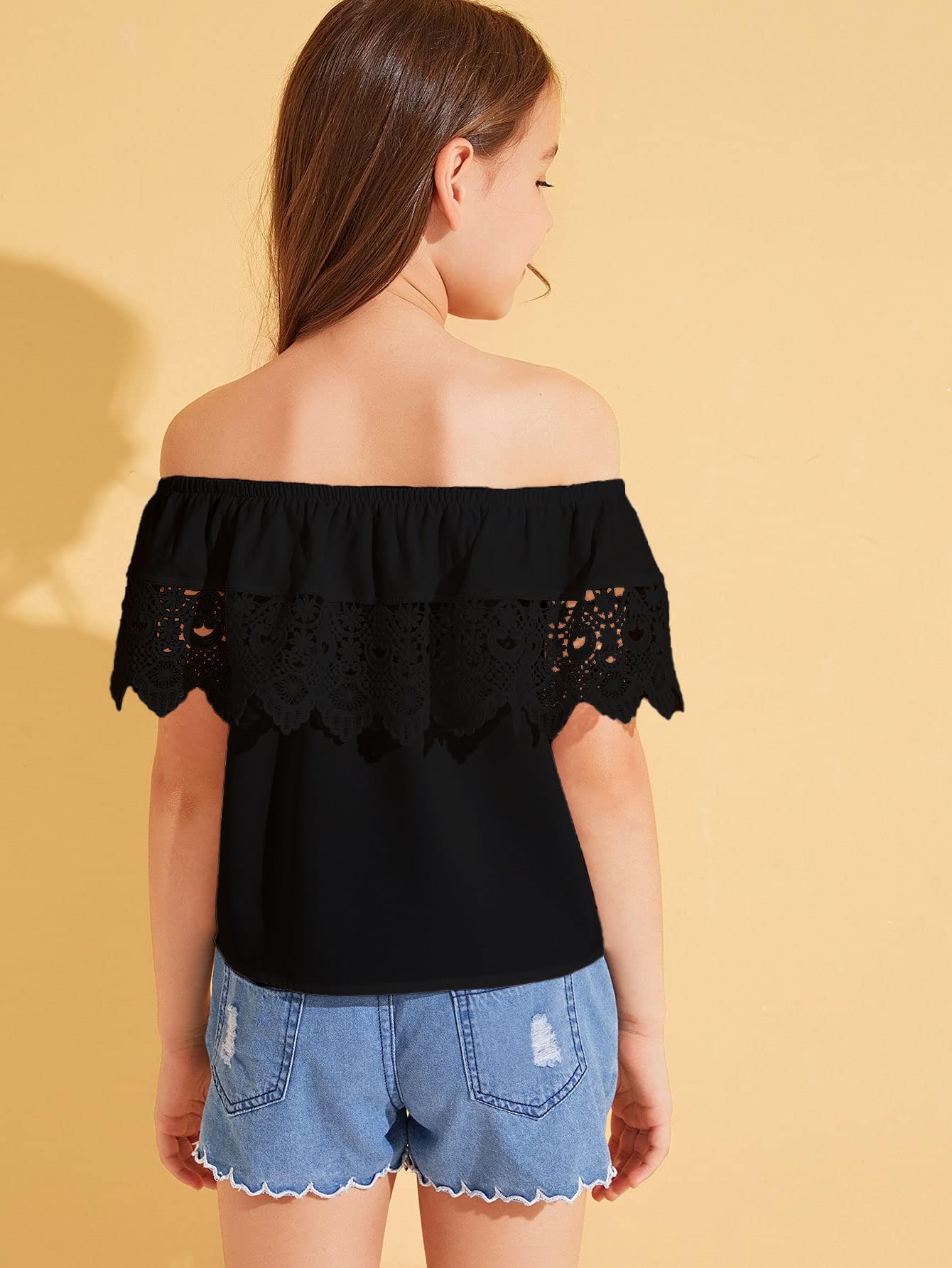 WDIRARA Girl's Off The Shoulder Ruffle Trim Lace Short Sleeve Blouse Top Black 11 Years