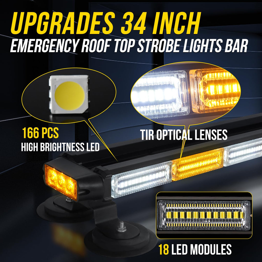 LRTER 34inch 166 LED Emergency Rooftop Strobe Lights Bar Flashing Safety Traffic Advisor Warning Hazard Snow Plow Light W/Magnet Base for Work Trucks Vehicles Construction Tow Pickup Amber White