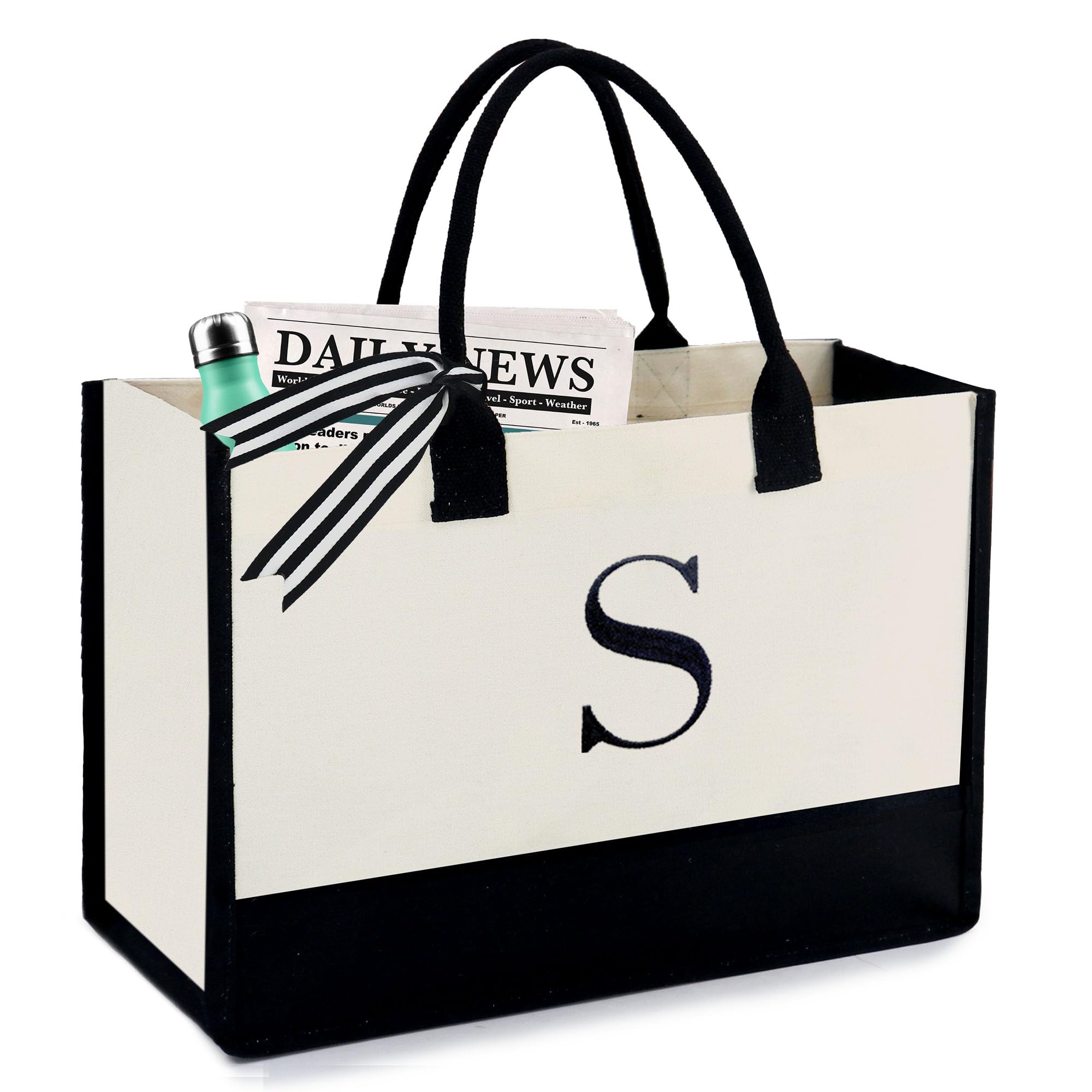 BeeGreen Canvas Tote Bag Monogram Embroidery Personalized Gifts Bags for Birthday Beach Work Wedding Gift Basket for Women Teacher Mom Friend Coworkers Sister Nurse Cute Initial Totes Cool (Letter S)