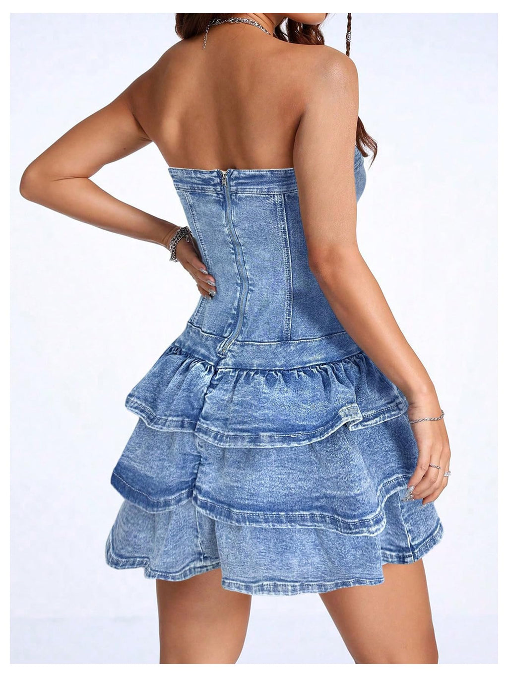 WDIRARA Women's Strapless Layered Ruffle Denim Dress Bandeau Slim Fit Mini Dresses Light Wash X-Small