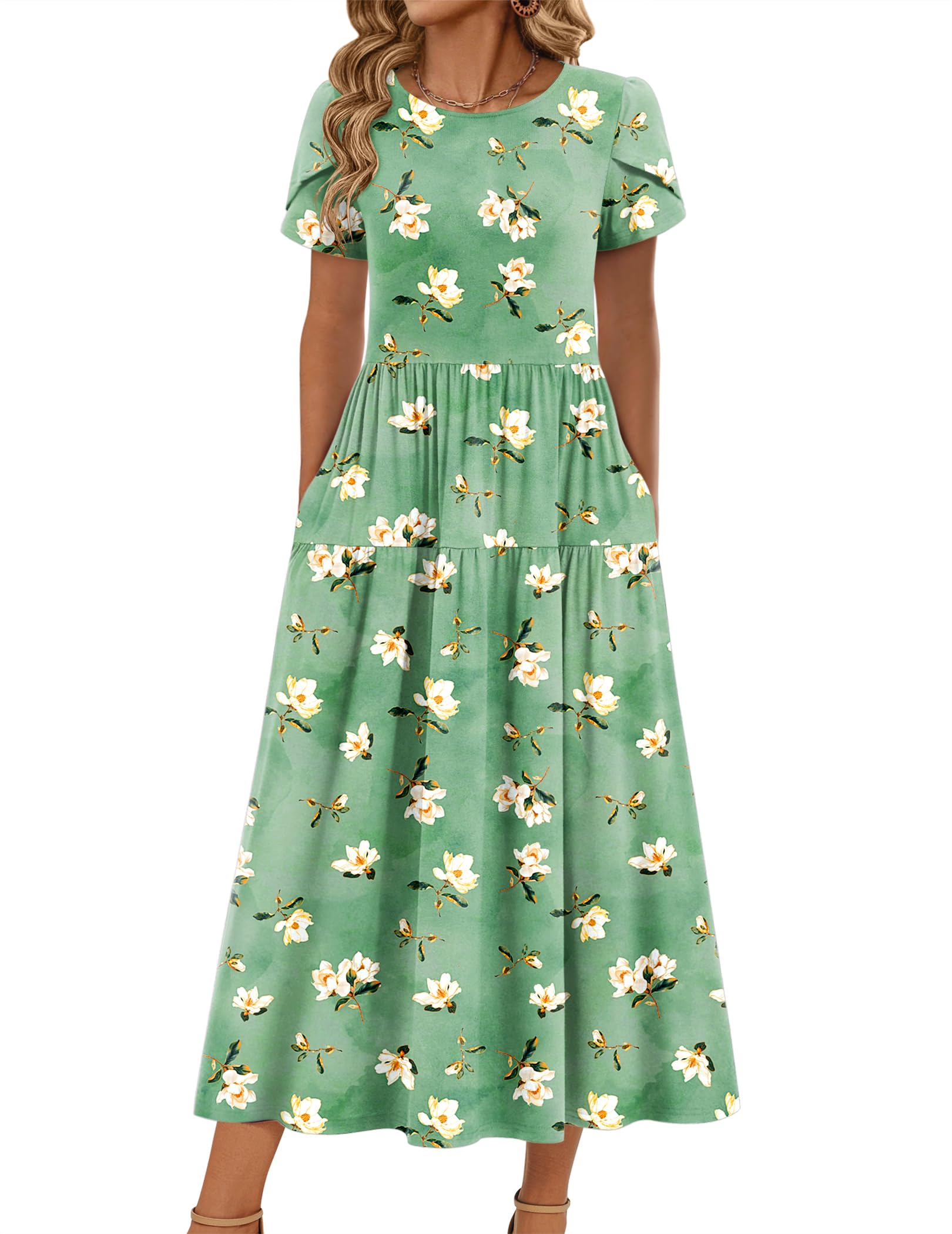 Zeagoo Green Dress for Women Casual Loose Bohemian Floral Dress A Line Flowy Maxi Dress Green Floral M