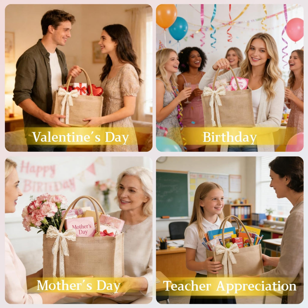 6pcs Burlap Tote Bag Set with Handles, Waterproof Reusable Blank Water Resistant Grocery Bags with Ribbon Large Jute Tote 15.35*6*12 Inch for Women Bridesmaid Gift Beach Shopping Wedding Travel DIY