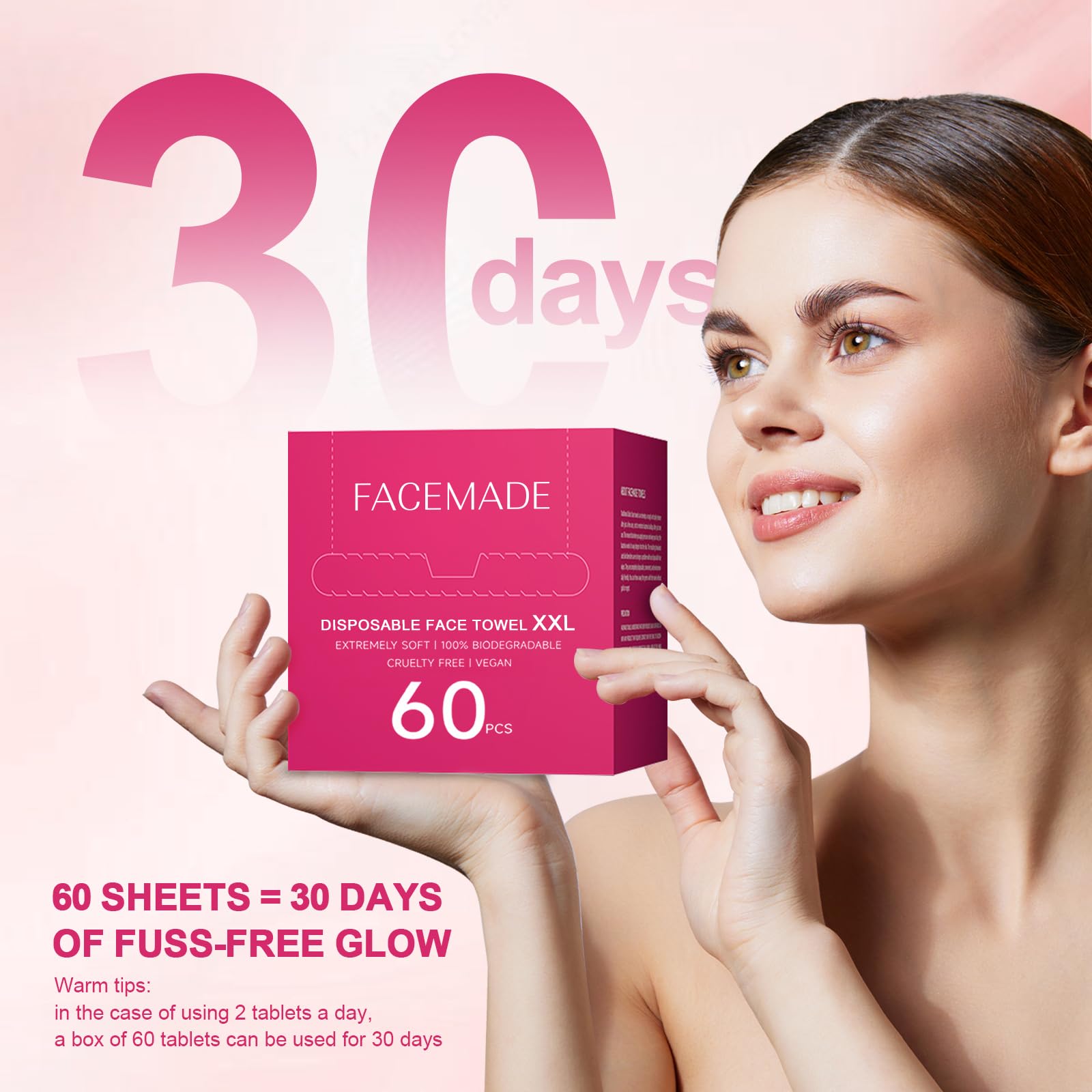 FACEMADE 60 Count XXL Disposable Face Towels 12" × 12", 100% USDA Biobased Face Towelettes Disposable, Clean Facial Towels for Makeup and Clean Skin, Super Soft and Thick Dry Wipes Club