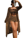 WDIRARA Women's 3 Pieces Bikini Set Geo Print Bathing Suit Drawstring Swimsuit with Cover Ups Kimono Brown Boho X-Large