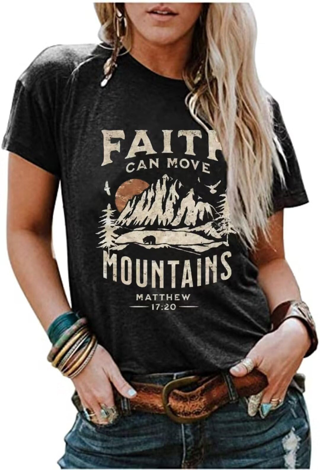Faith Can Move Mountains Shirt Women Letter Printed Summer Vacation Tee Mountain Adventure Hiking Camping Shirt (Small, Grey)