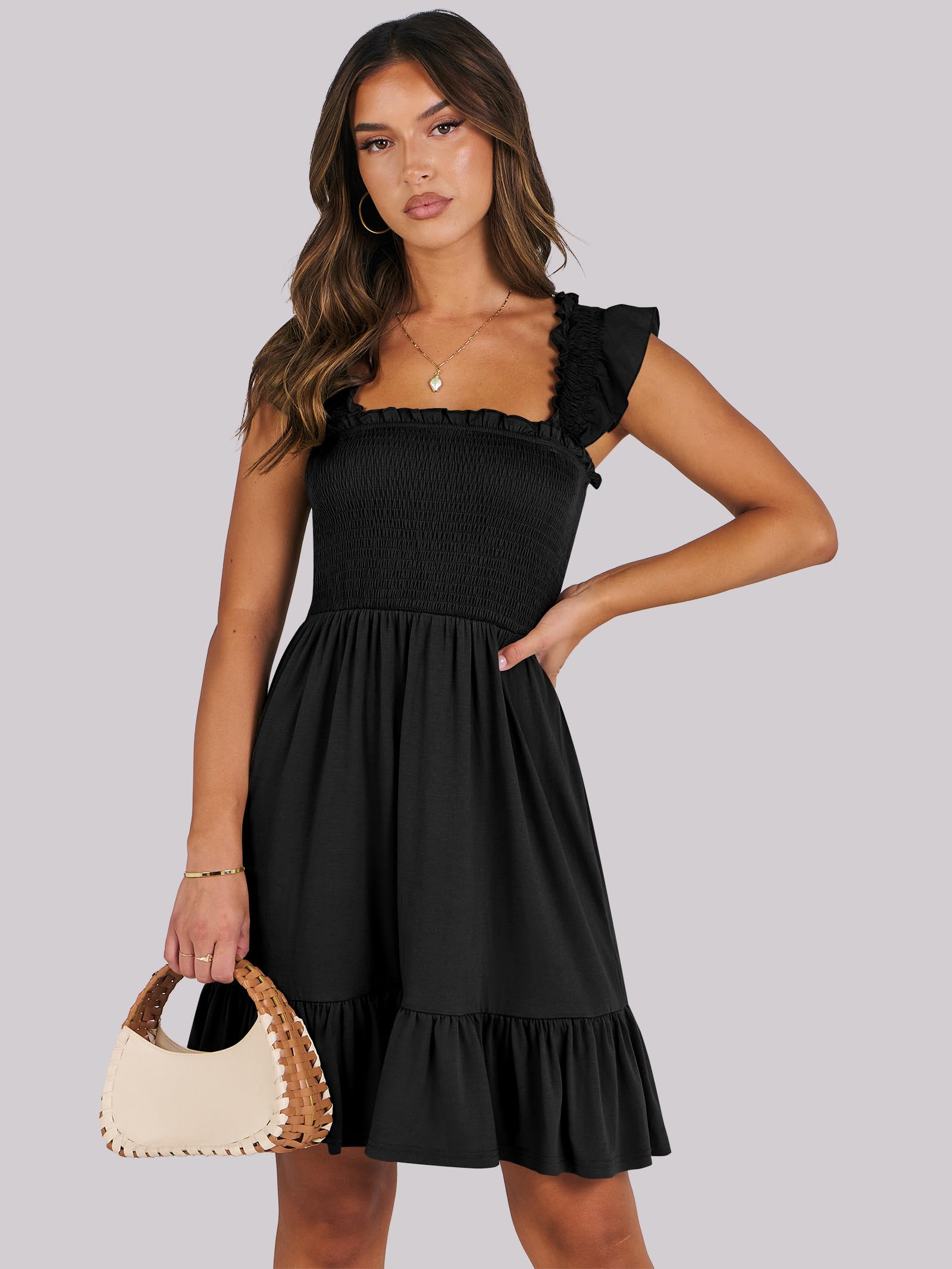 ANRABESS Women's Summer Casual Sleeveless Square Neck Dress 2026 Smocked Ruffle Backless Boho Beach Cute Teen Short Sundress Black Large