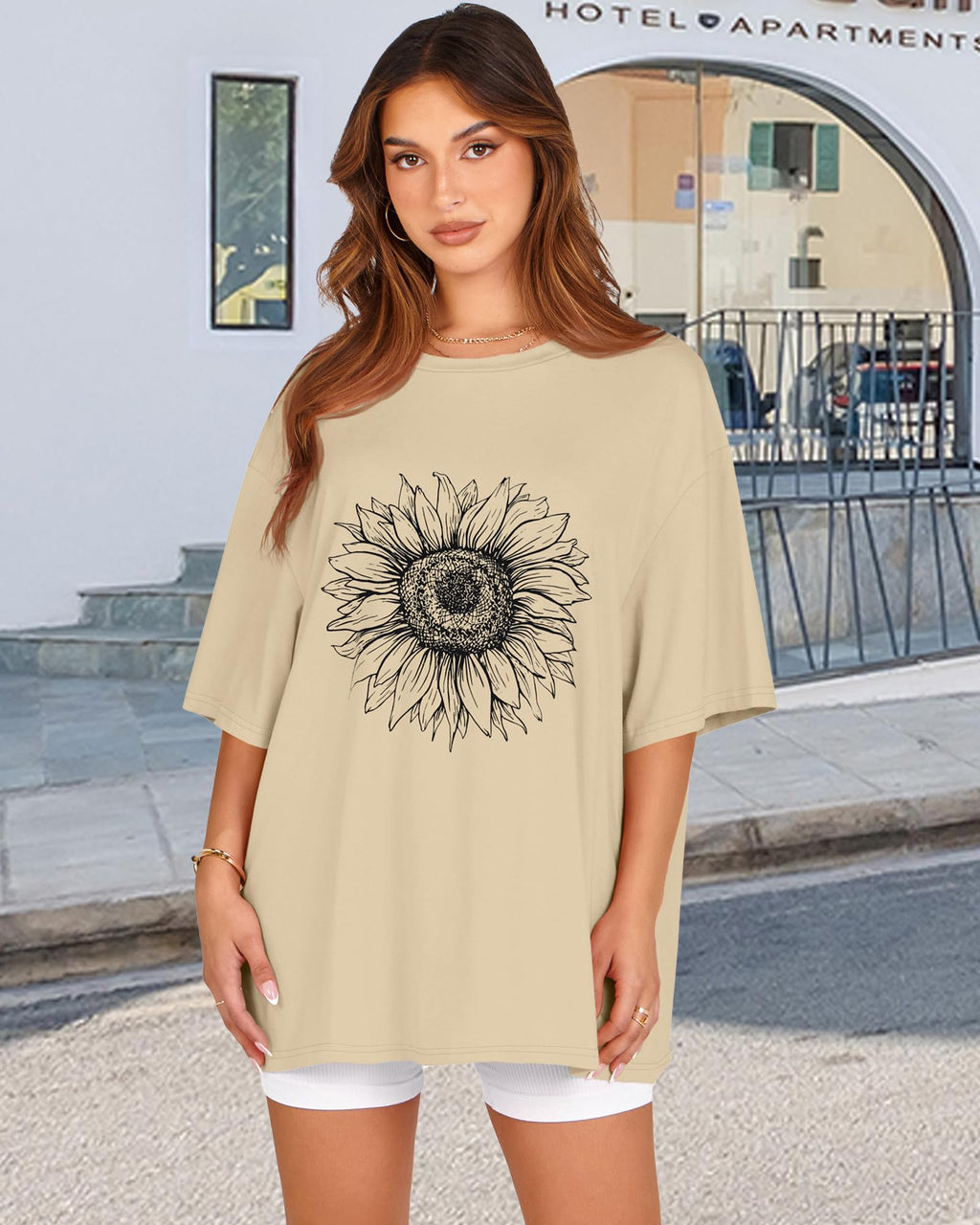 Womens Oversized Tshirt Graphic Tees Crew Neck Summer Short Sleeve Loose Fit Tops (A-Sunflower Print Khaki, L)