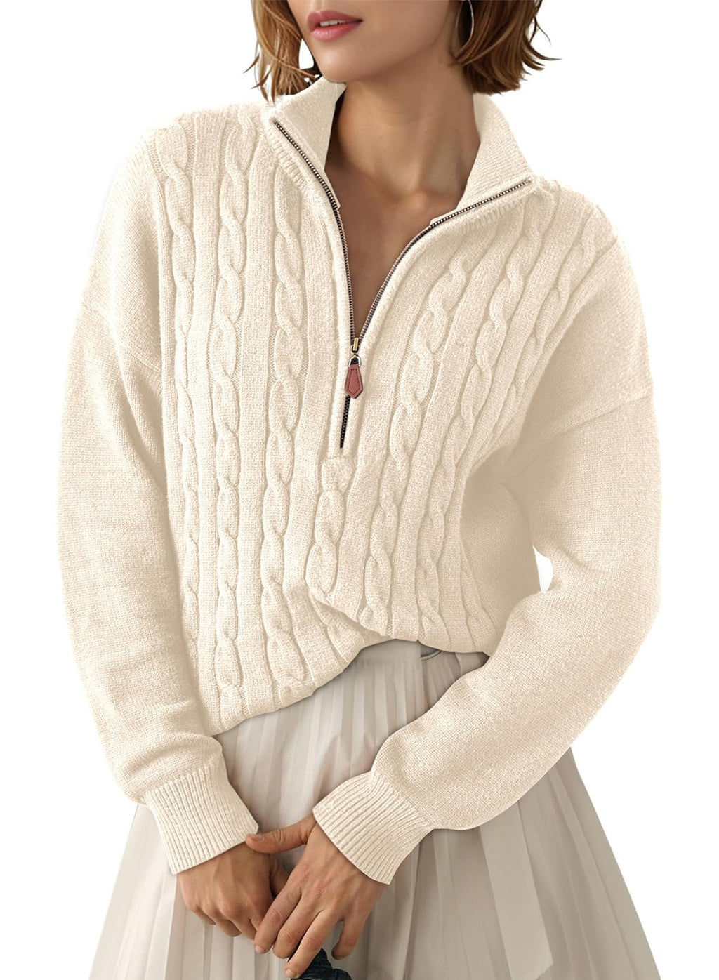 Dokotoo White Womens Early Fall Sweaters for Women Trendy 2025 Outfits Winter Clothes Cable Knit Dressy Casual Women's Sweater Fashion Old Money Cute Quarter Zip Sweater Pullover Oversized Tops