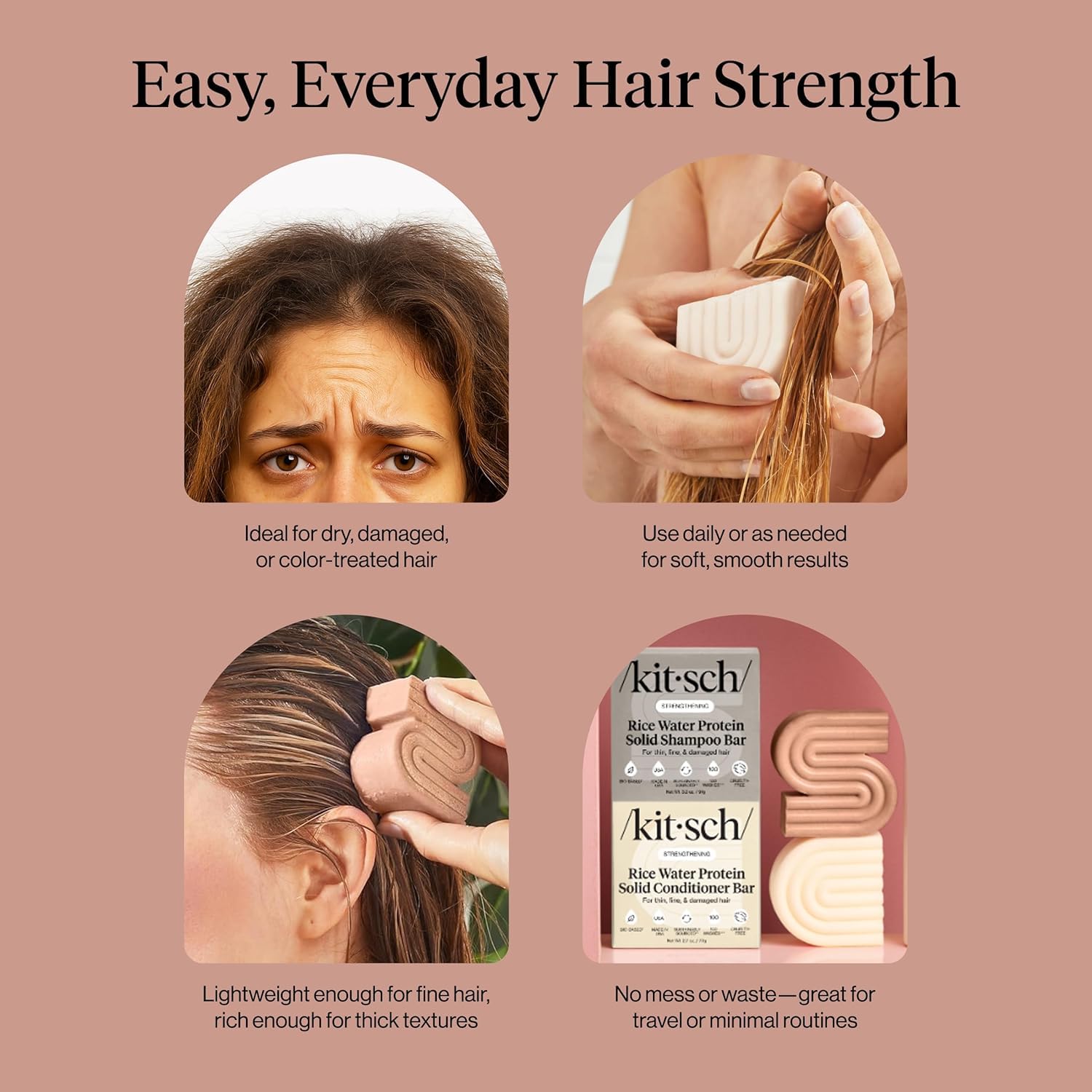Kitsch Rice Water Shampoo & Conditioner Set – Solid Shampoo & Conditioner Bar with Protein for Hair Growth, Strengthening Hair & Damage Repair – Paraben, Sulfate & Silicone Free – 2 Pack