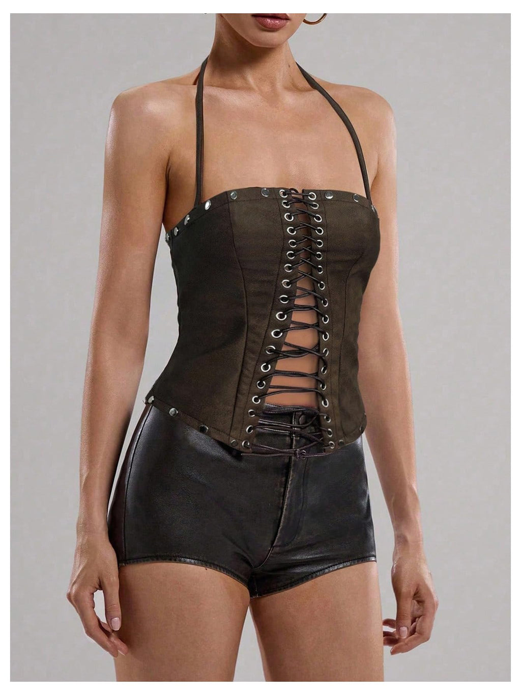 WDIRARA Women's PU Leather Lace Up Halter Top Vintage Western Sleeveless Backless Camisole Tops Dark Brown Small