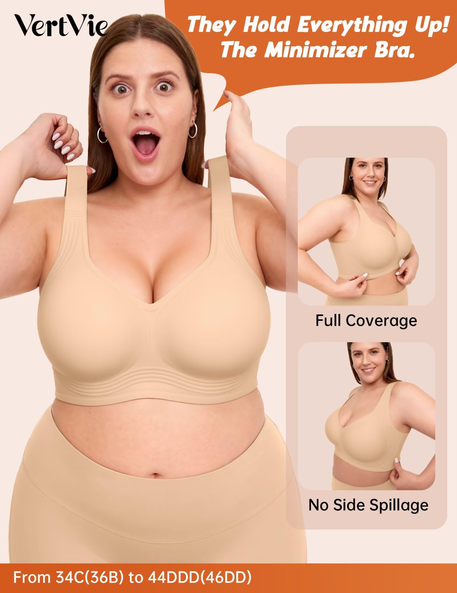 Vertvie Jelly Bras for Women Plus Size Minimizer Soft Wireless Push Up Bra Full Supportive Older Lift Back Coverage Bralette(Skin,38DD)
