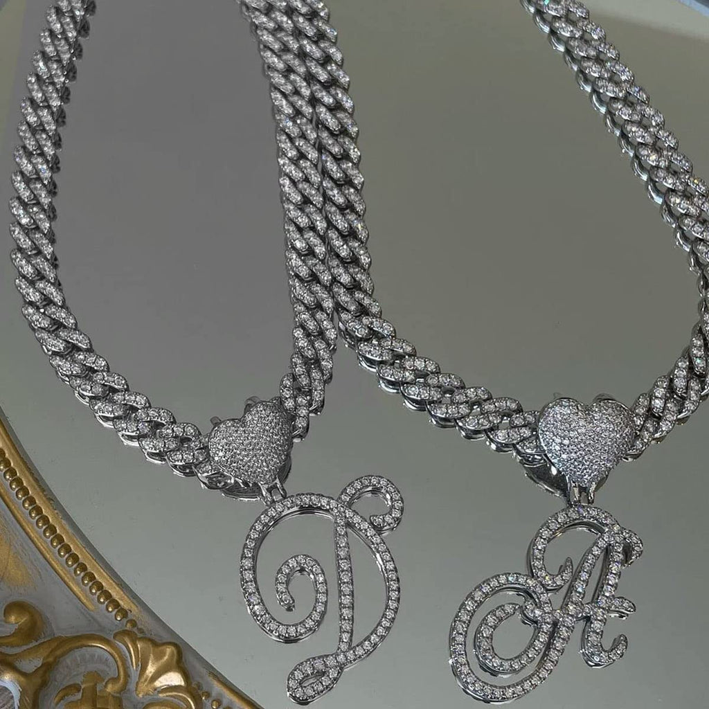 BLBLJERY X Initial Necklaces Silver Cuban Link Chain for Women Iced Out Chain with Heart Letter Pendants Custom Chain Name Necklace Hip Hop Jewelry Gift