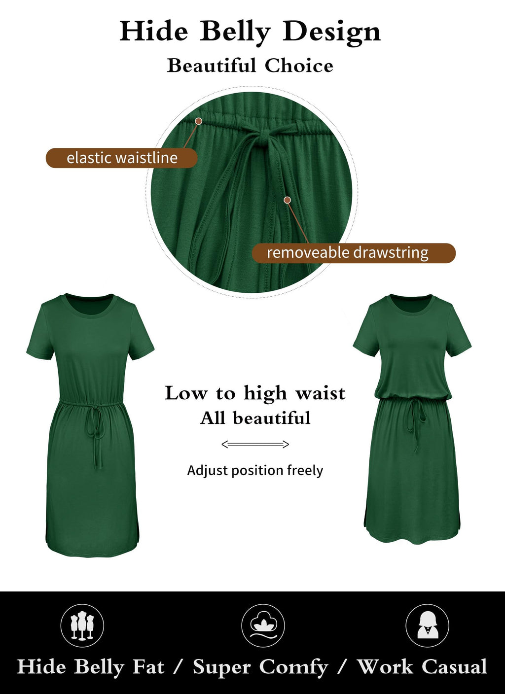 Women Summer Spring Short Sleeve Pocket Travel Tshirt Midi Knee Modest Work Casual Dress Teacher Funeral Outfits Black L