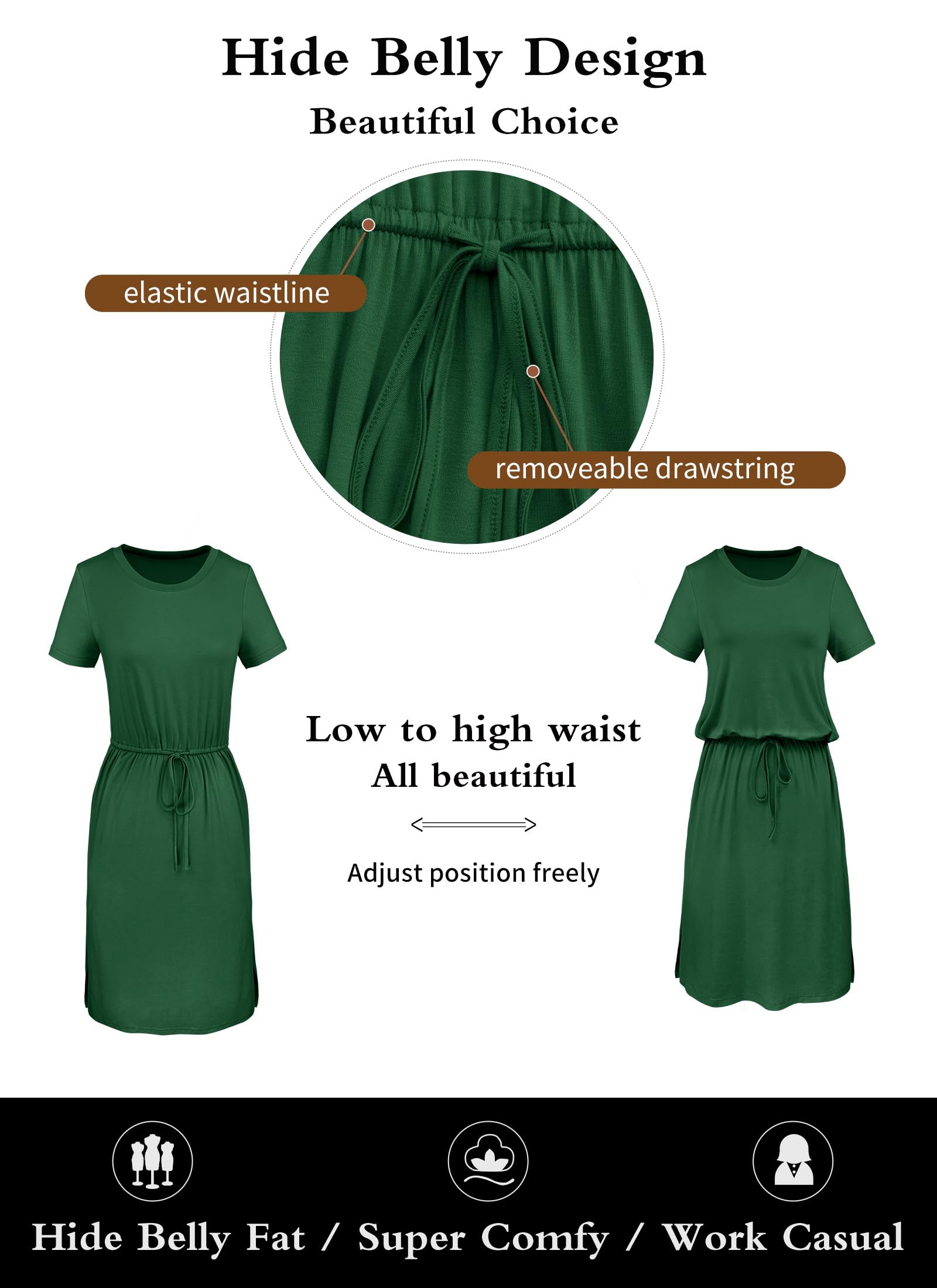 Women Summer Spring Short Sleeve Pocket Travel Tshirt Midi Knee Modest Work Casual Dress Teacher Funeral Outfits Black L