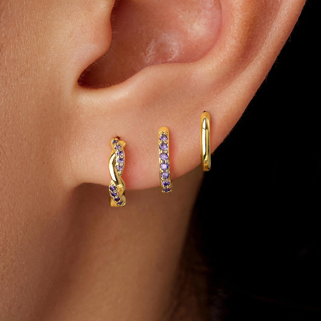 Inerney Gold Amethyst Huggie Hoop Earrings Set for Women, Dainty 14K Small Purple Earring Hypoallergenic Jewelry for Multiple Piercings, Trendy Twisted Cute Cartilage Hoops February Birthstone Gift