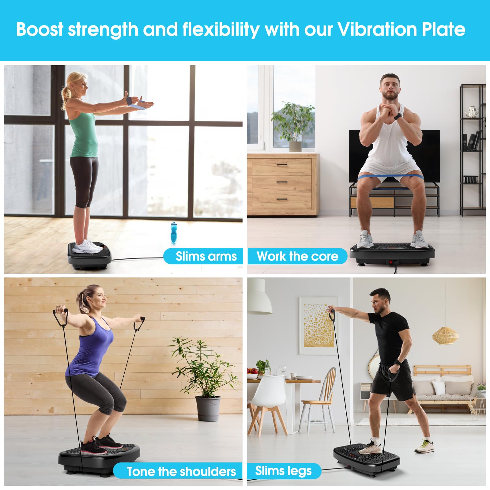 SoftGym Vibration Plate Exercise Machine for Lymphatic Drainage,Power Vibrate Stand Shake Board 450 Lbs Capacity Whole Body Workout Waver with Resistance Bands Weight Loss Gifts for Women Men-Black
