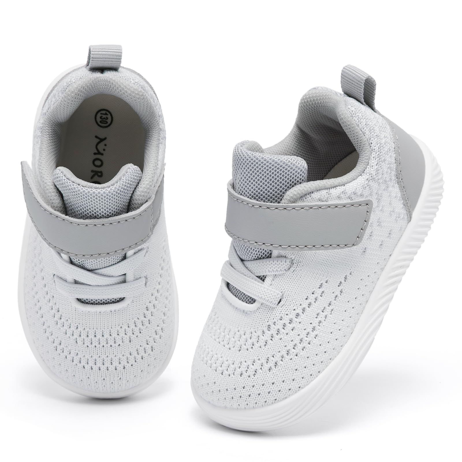 MORENDL Toddler Sneakers Baby Boys & Girls Barefoot Shoes Lightweight Breathable Walking Running Tennis Athletic Sport Shoes White Gray 6-9 Months Size 4