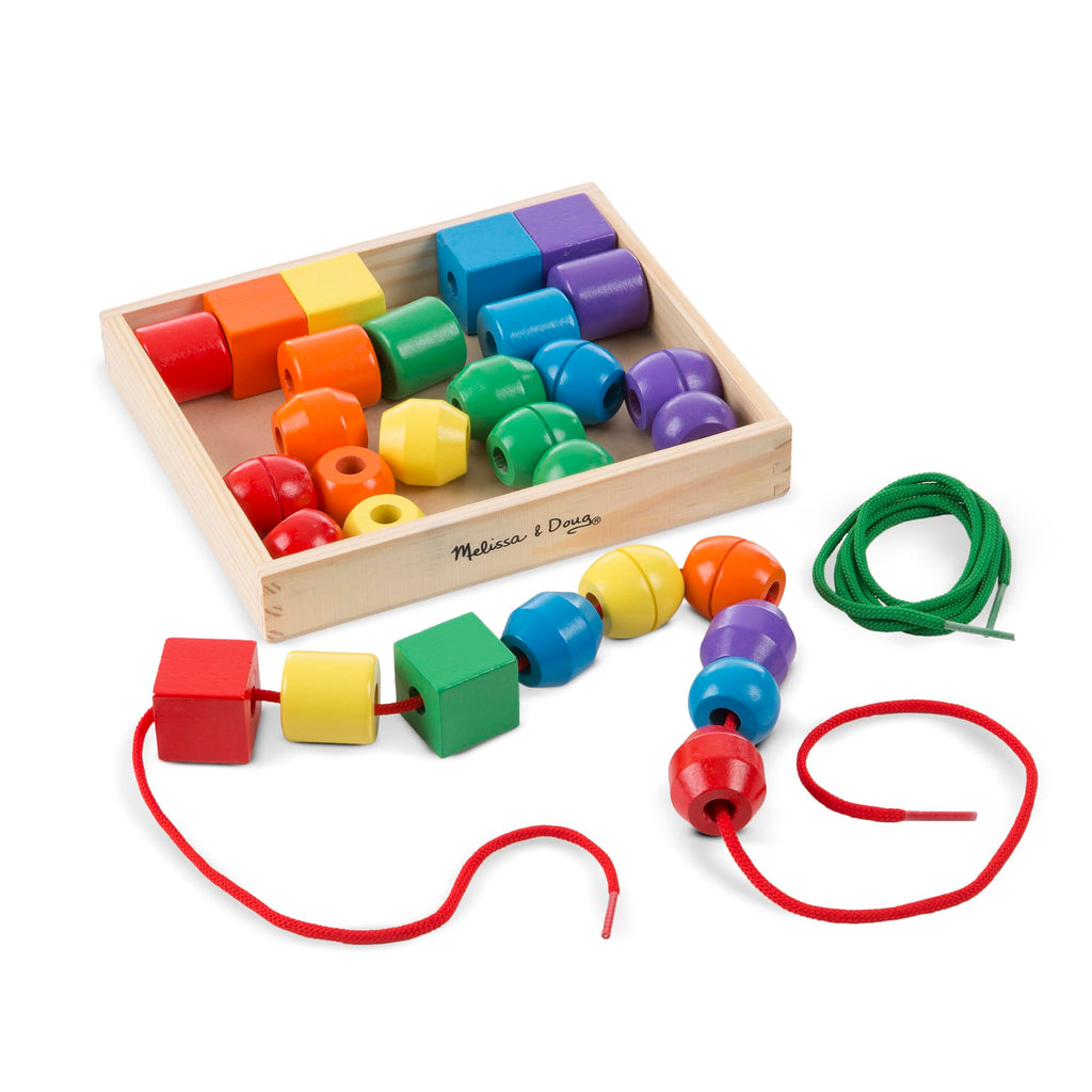 Melissa & Doug Primary Lacing Beads – 30 Wooden Beads for Crafts & 2 Laces in Toy Storage Box, Small Beads for Kids Arts and Crafts Kits, Preschool Learning Toys for Girls & Boys Ages 3+