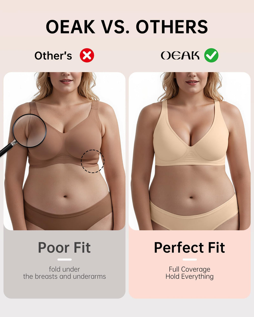 OEAK Womens Deep V Bras Wireless Comfortable Bra Supportive No Underwire Bras Tshirt Push Up Bralettes Plunge Seamless Bra Beige L