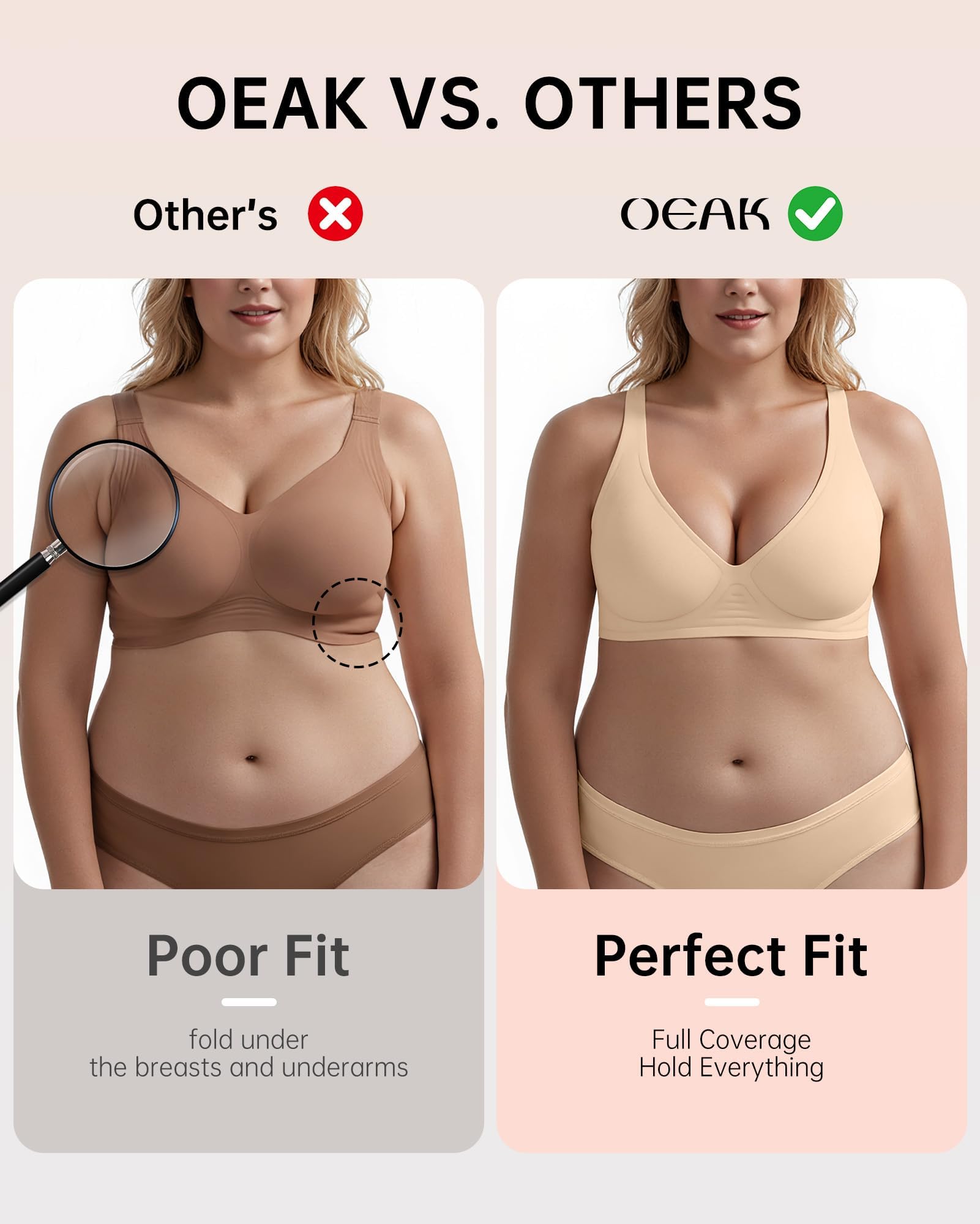 OEAK Womens Deep V Bras Wireless Comfortable Bra Supportive No Underwire Bras Tshirt Push Up Bralettes Plunge Seamless Bra Beige L