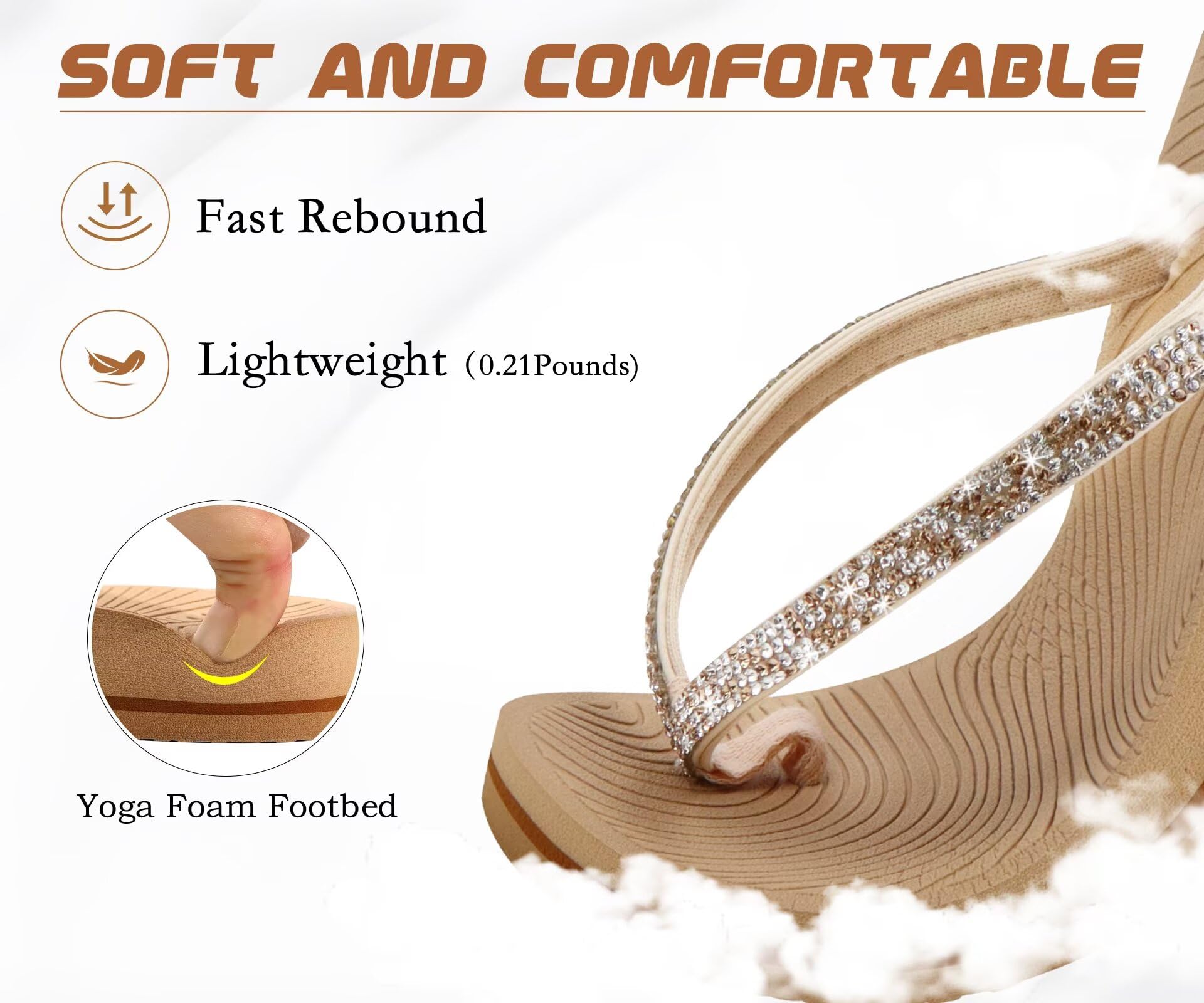 KuaiLu Women's Rhinestone Flip Flops with Comfort Arch Support Yoga Mat Cushion Sandals Fashion Summer Beach Travel Walking Thong Orthopedic Sandles Slip on Plantar Fasciitis Beige 6