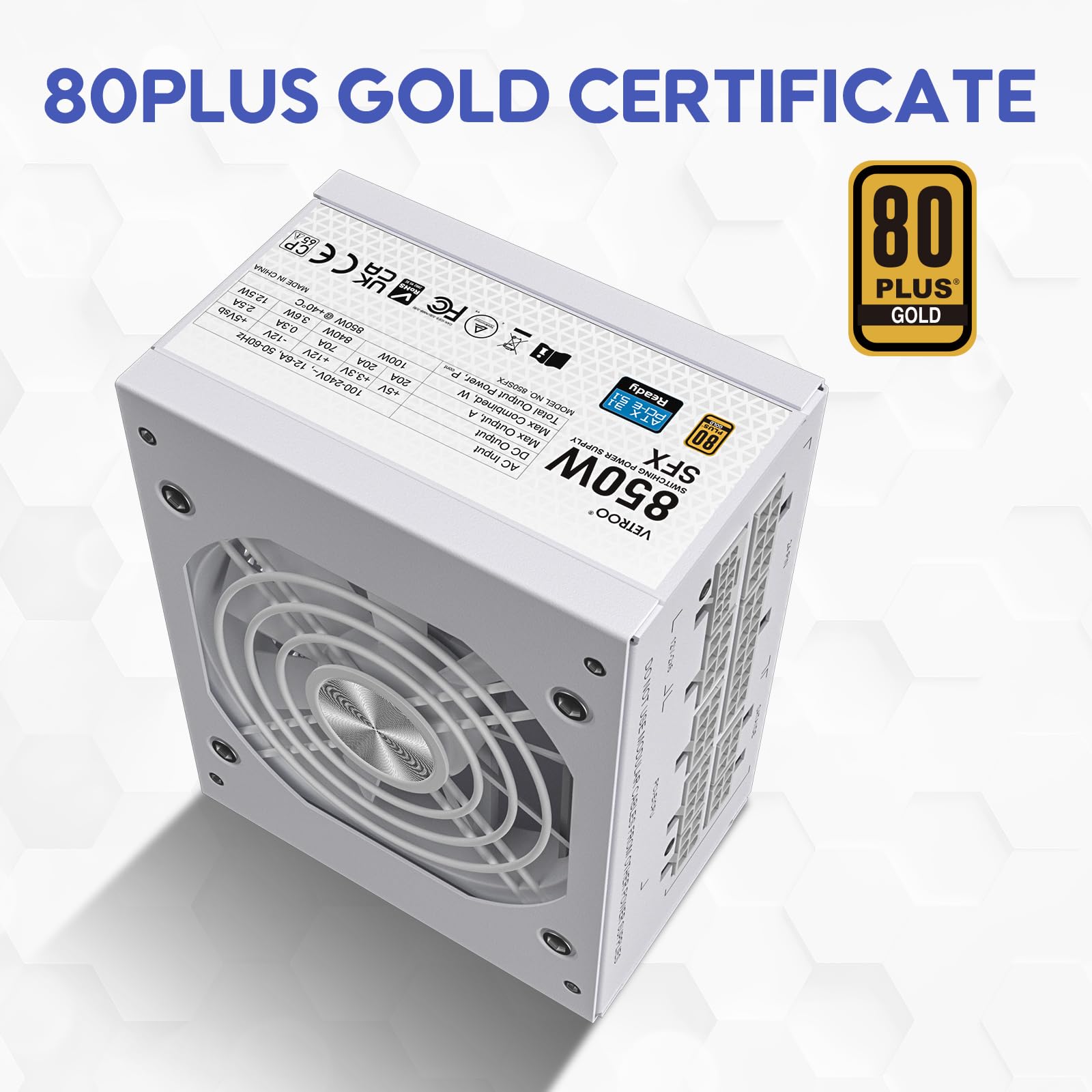 Vetroo 850W SFX Power Supply ATX 3.1 & PCIE 5.1 Ready, 80 Plus Gold Certificate Fully Modular, 90mm FDB Fan for Low-Noise Operation, SFX-to-ATX Bracket, 10-Year Warranty - White