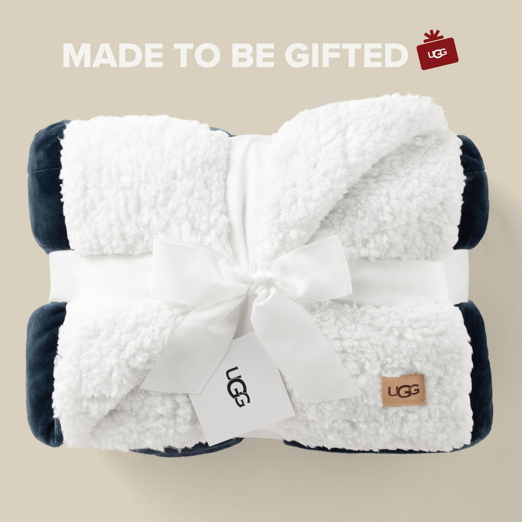 UGG Nita Throw Blanket Soft Reversible Plush Throw for Couch or Bed Cozy Fuzzy Warm Fluffy Blanket for Living Room or Cute Bedroom Decor Down Alternative Washable, 50-inch x 70-inch, Navy Blue