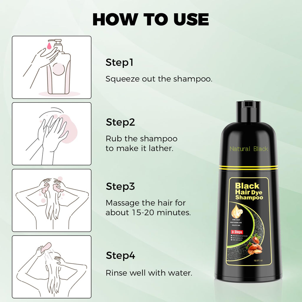 KAISASA Black Hair Dye Shampoo 3 in 1，Argan Natural Herbal Formula Hair Color Shampoo Covers Gray Hair for Women and Men (16.9 fl.oz Black)