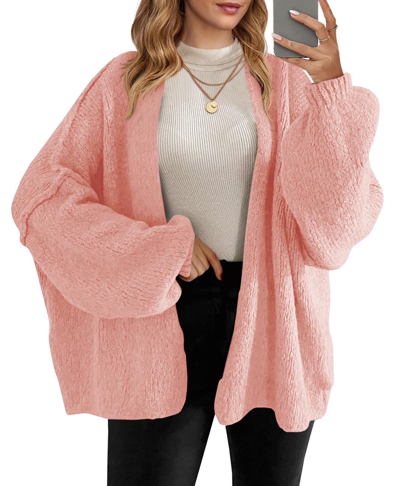 Saodimallsu Womens Oversized Cardigan Sweaters Open Front Chunky Knit Casual Long Lantern Sleeve Fall Sweater Coats Pink