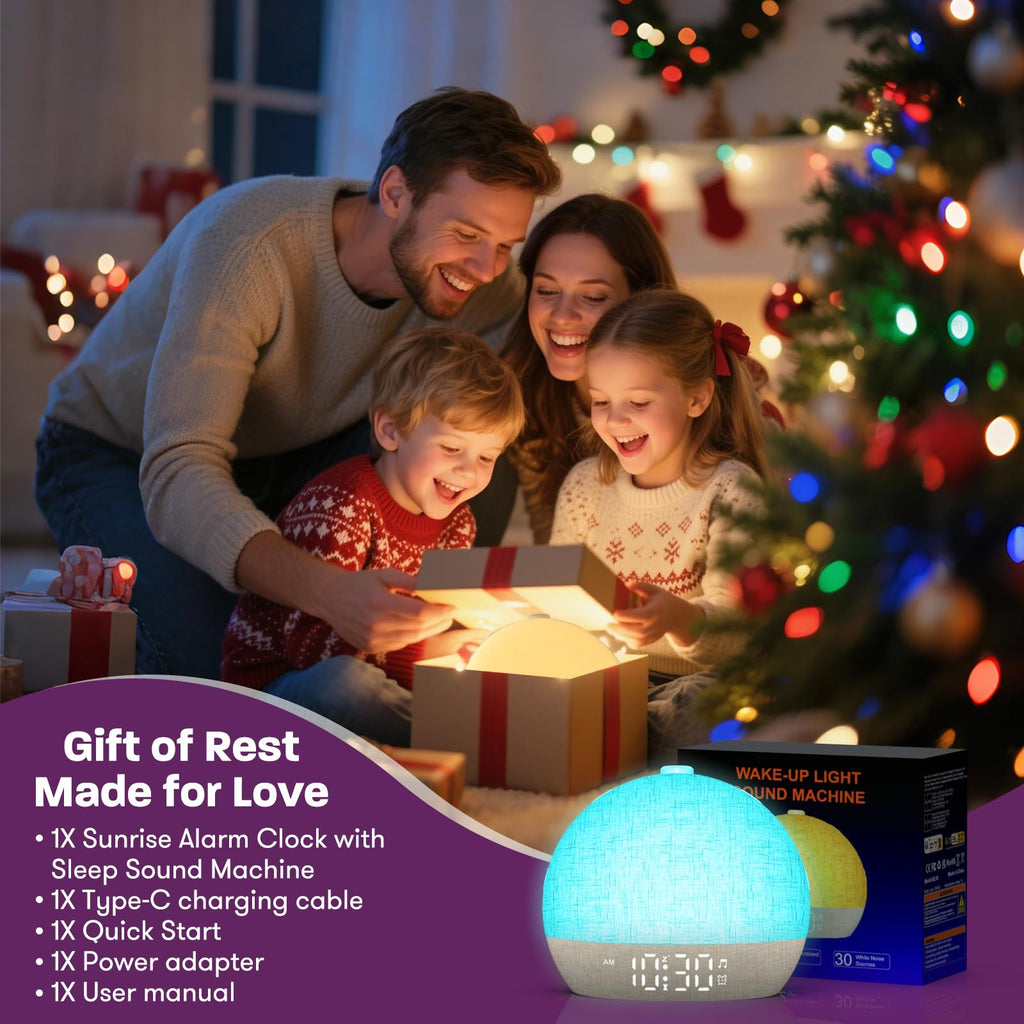 Wake Up Light Sunrise Alarm Clock,White Noise Machine with 30 Soothing Sounds,Stepless Dimmer Digital Alarm Clock Bedside Night Light 12 Colors, Alarm Clocks for Heavy Sleepers Adults/Kids/ Bedroom