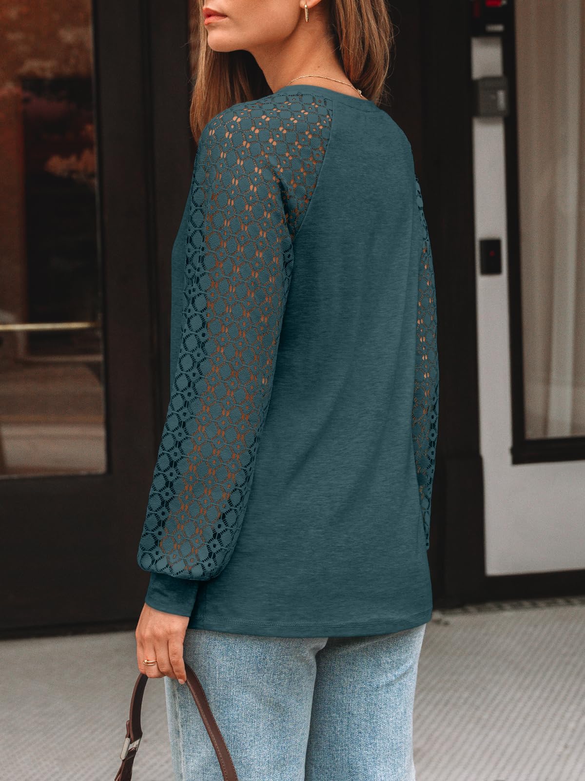AUTOMET Womens Long Sleeve Shirts V-Neck Lace Tops Business Casual Blouses Tee Trendy 2026 Fall Fashion Outfits Clothes DarkGreen M