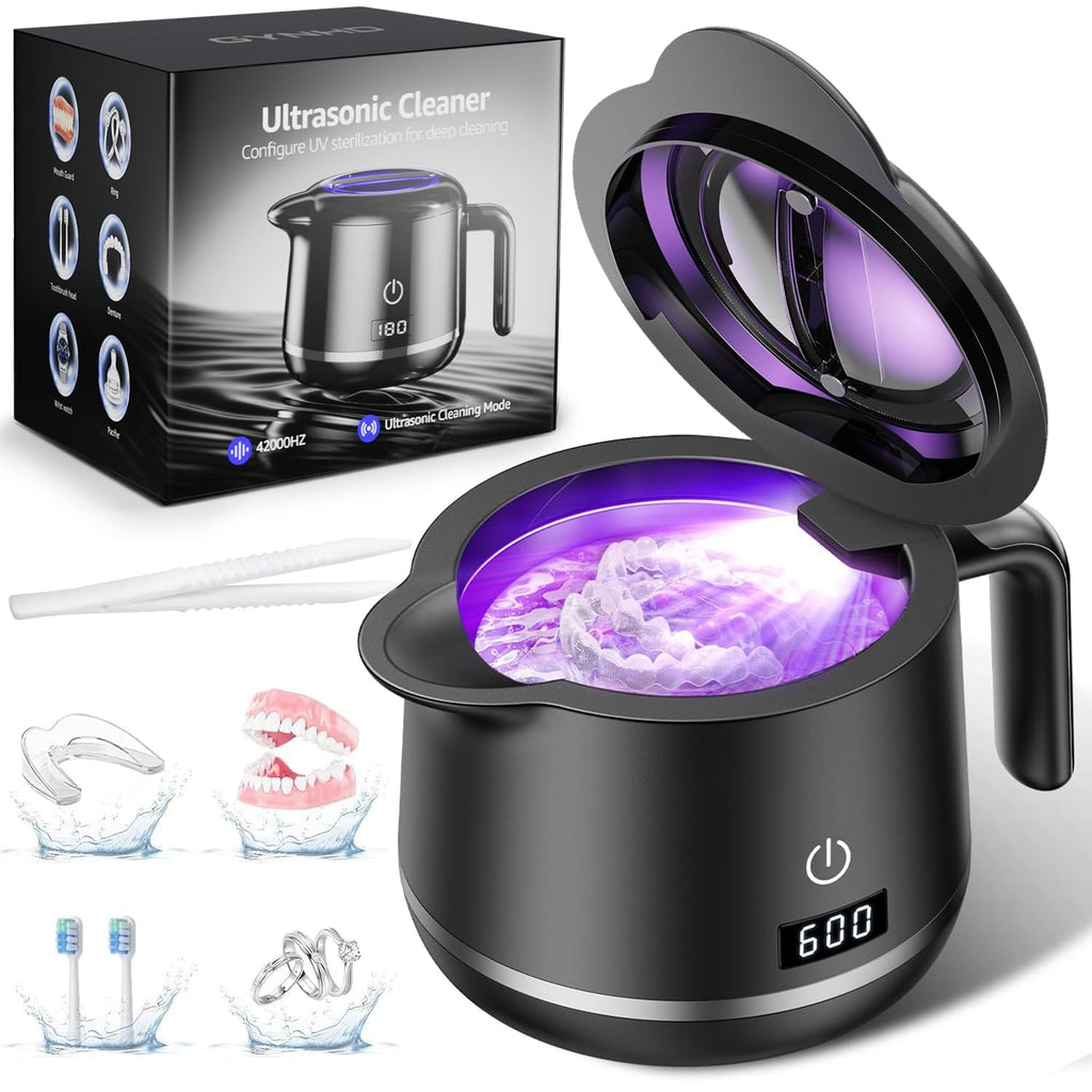 GYNHD Dental Ultrasonic Retainer Cleaner Machine: Dental Cleaning Pod for Denture/Mouth Guard/Aligner/Night Guard/Braces/Toothbrush Heads/Jewelry - 45kHz Retainer Cleaner with Digital Timer & 200ML