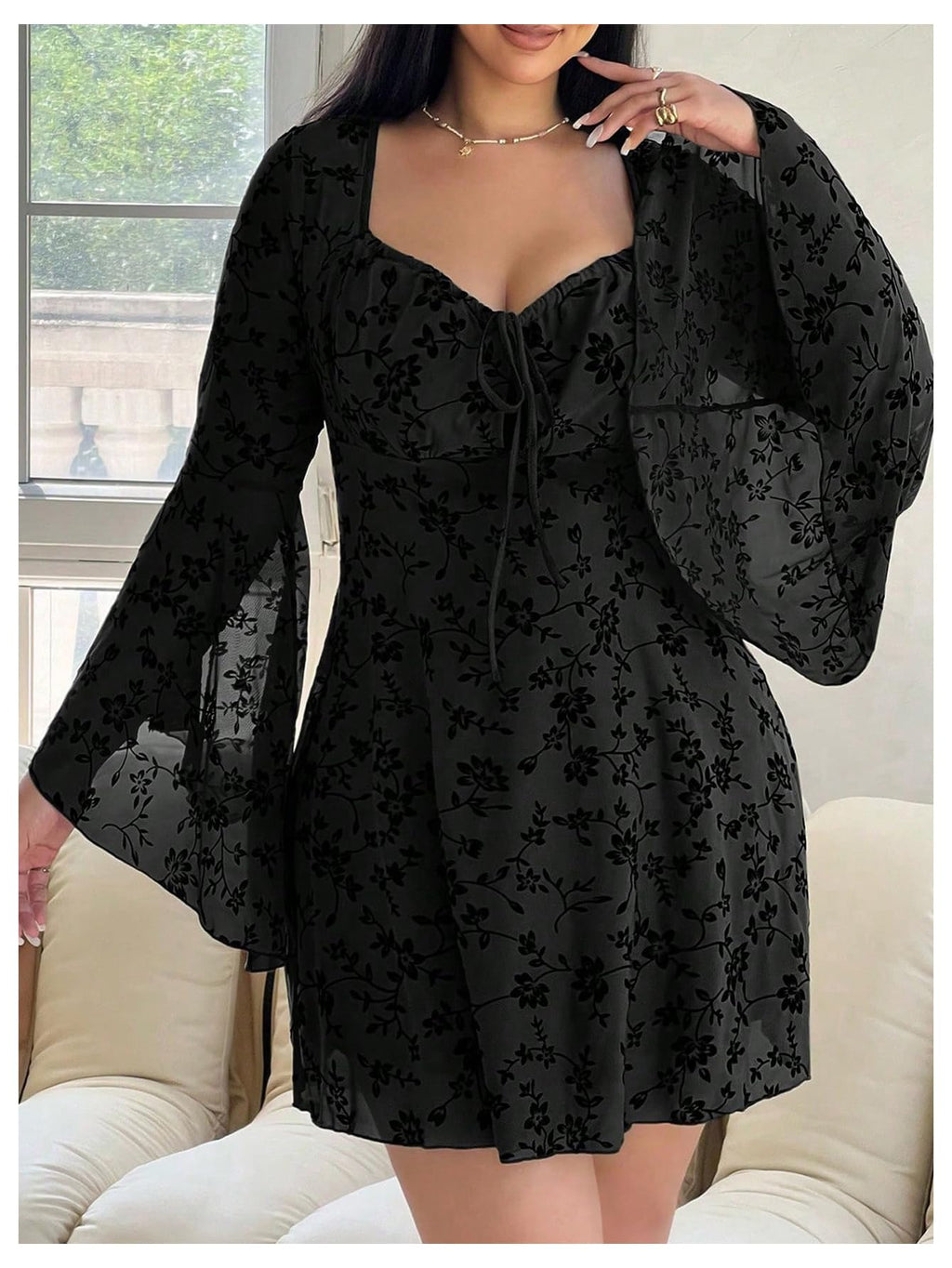 Floerns Women's Plus Size Floral Gothic Dress Flare Long Sleeve Mesh Grunge A Line Dress Black X-Large Plus