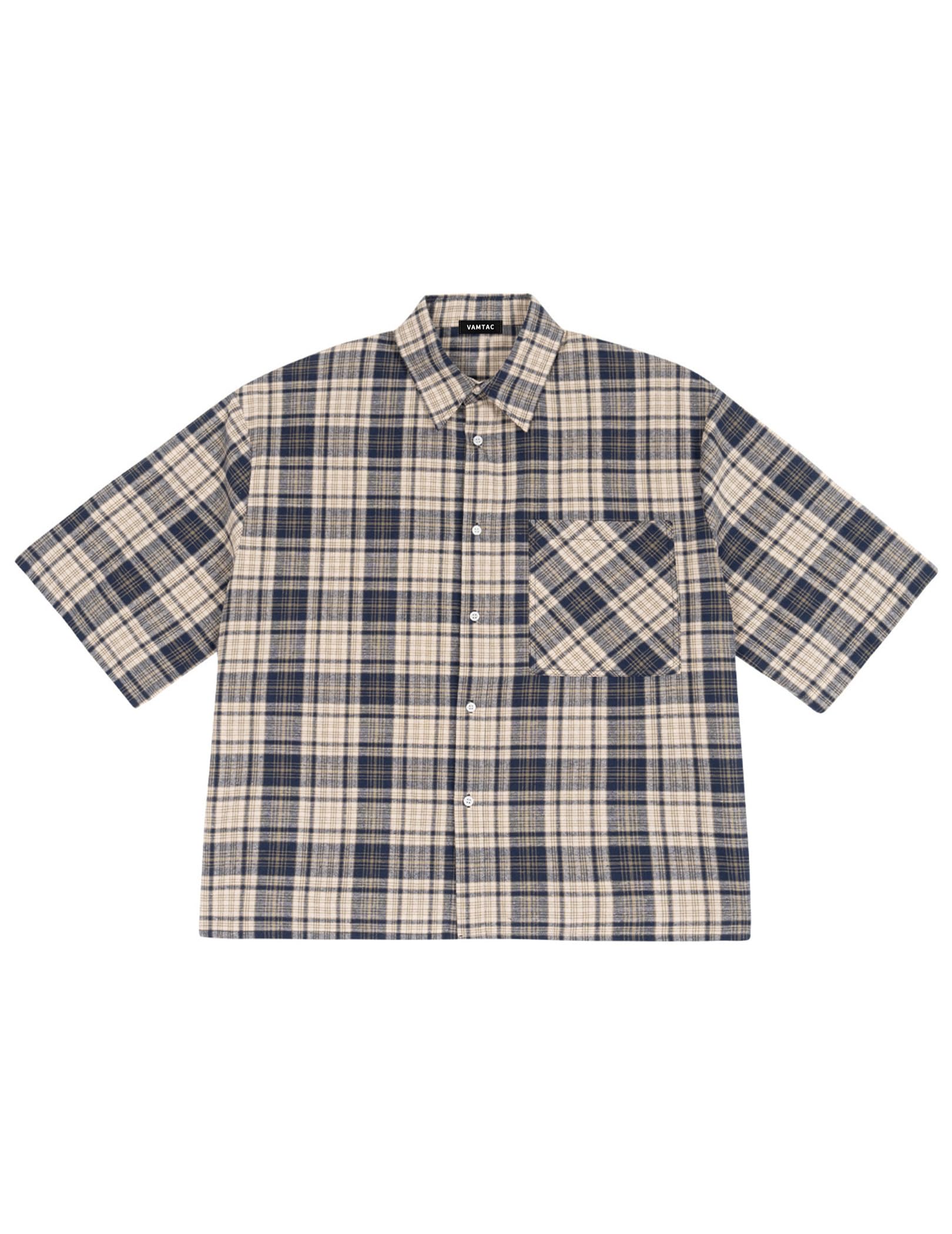 Mens Button Down Shirts - Short Sleeve Boxy Shirt, Plaid & Striped Tops Blue