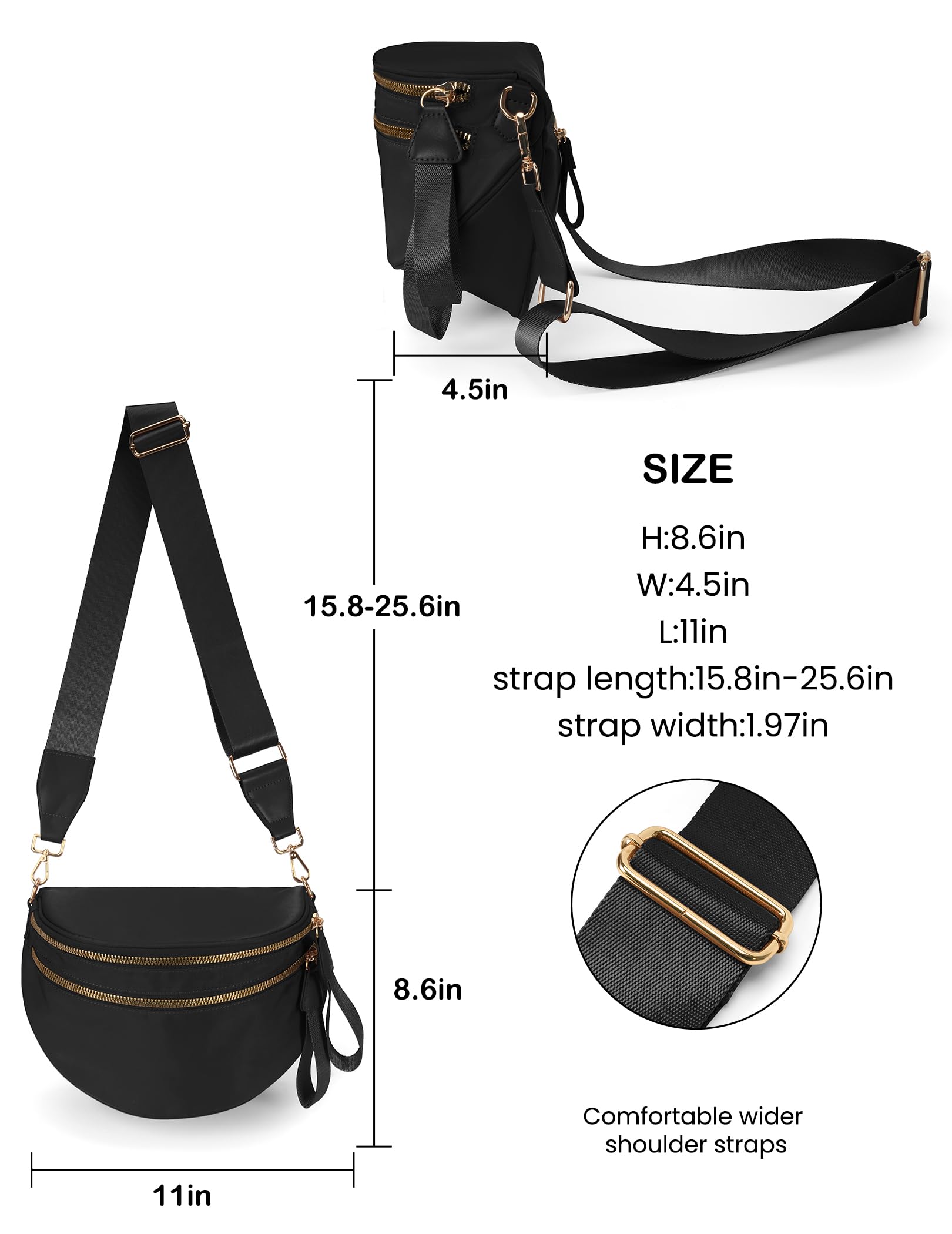 Spacious Nylon Crossbody Bag Bum Bag Handbags Wallets Purses Trendy Shoulder Bag for Women (black)