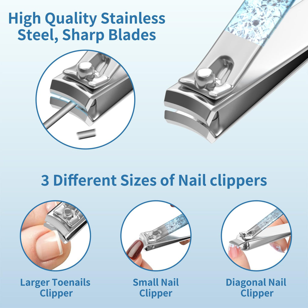 OFIDUS Nail Clippers Set, Finger and Toenail Clippers, Professional Manicure and Pedicure Set, 18 Pieces, Nail Care Tools with Luxury Travel Case (Diamond Blue)