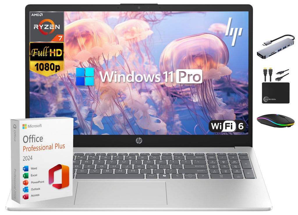 HP Laptop for 2025-2026 Home Student Business, Lifetime MS Office, AI Computer, 15.6” FHD, AMD Ryzen 7, 16GB RAM, 1TB Storage (512GB SSD+500GB Ext), Wi-Fi 6, Privacy Cam, MarxsolAccessory, Win 11 Pro
