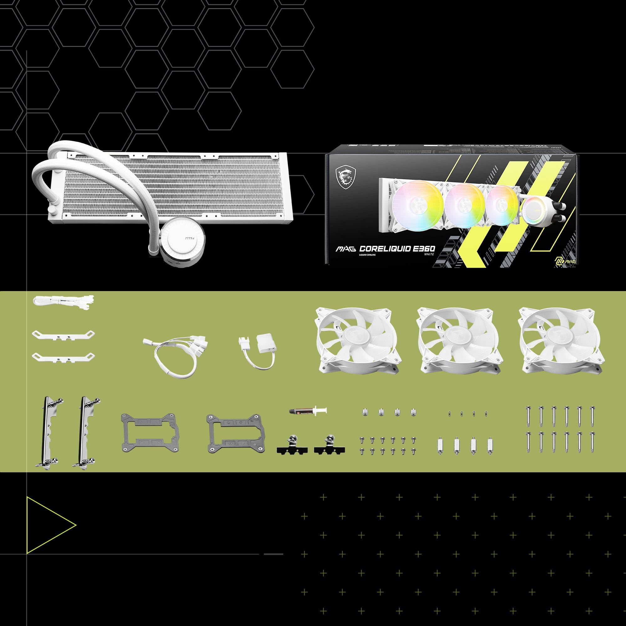 MSI MAG CoreLiquid E360 White - AIO ARGB CPU Liquid Cooler - Rotating Cap Design - 360mm Radiator - Triple 120mm ARGB PWM Fans - LGA 1700/1851 / AM5/AM4 Compatible