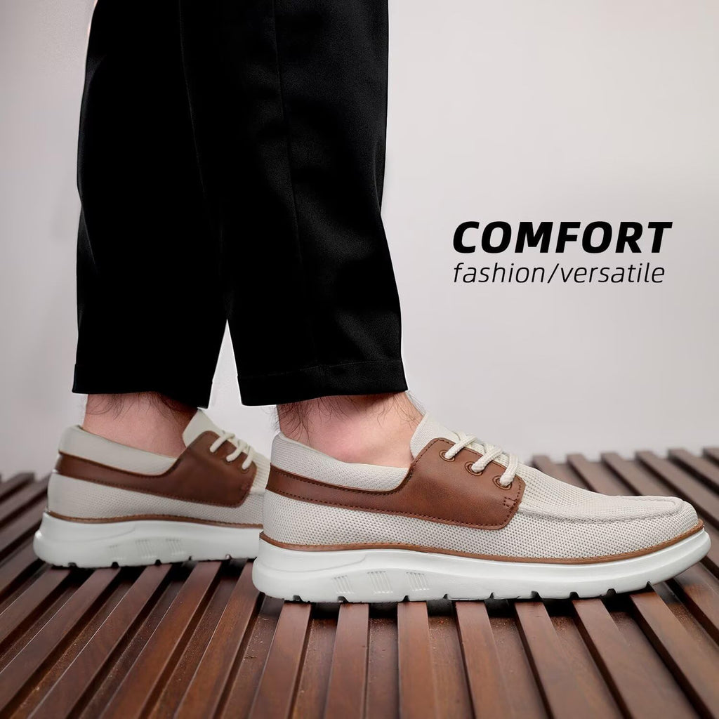 Mens Slip-On Loafers Comfortable Boat Shoes Lace Up Casual Walking Sneakers Mesh Business Oxfords Work Lightweight Soft Sole Beige