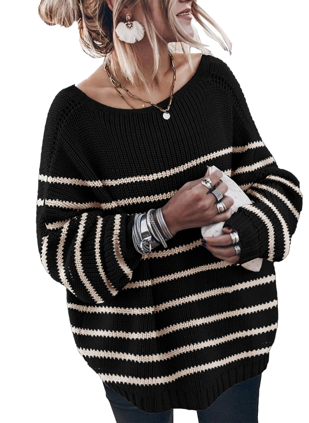 GUNEST Oversized Sweaters for Women Trendy Batwing Long Sleeve Chunky Crew Neck Cozy Knit Pullover Sweater Stripes Black L