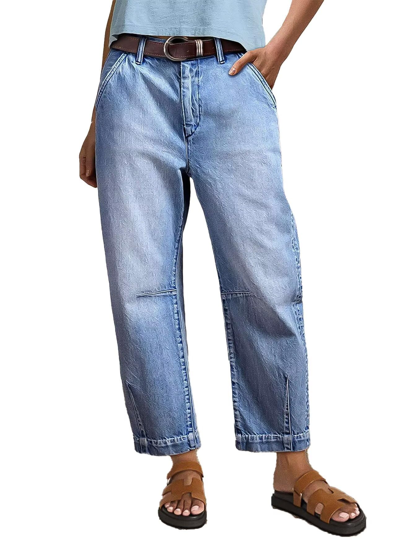 Flamingals Straight Leg Jeans for Women Mid Rise Barrel Cropped Casual Wash Stitch Detail Denim Jeans Without Belt Light Blue L