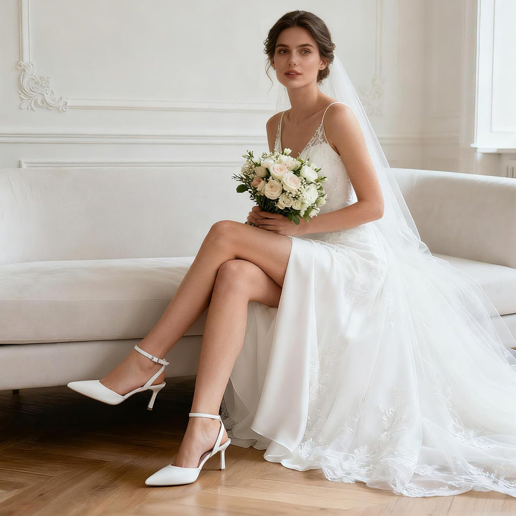 Athlefit Women's Closed Pointed Toe 3 Inch High Heels Ankle Strap Stiletto Heel Wedding Party Dress Pumps Shoes, White Size 9.5,SAPU2602W