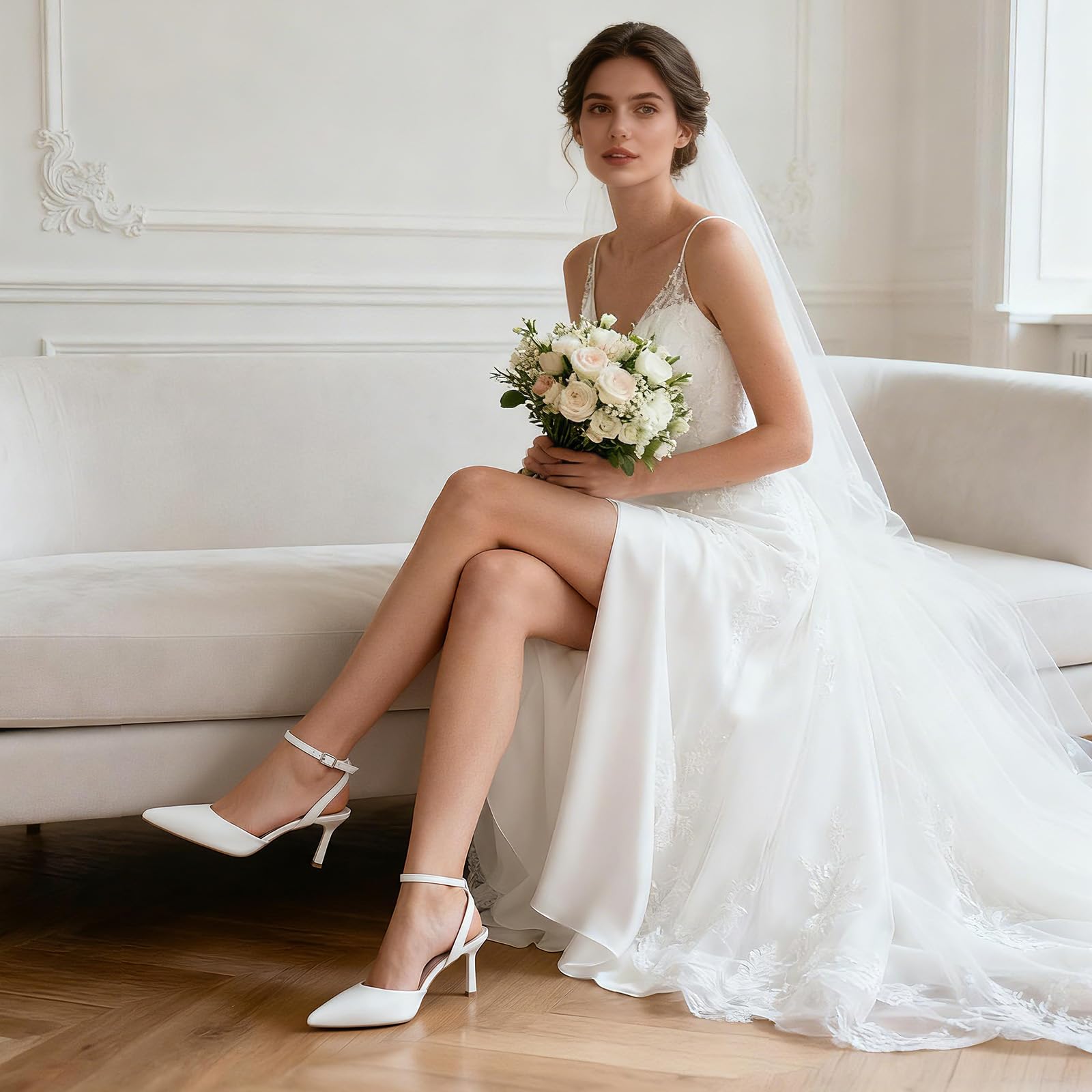 Athlefit Women's Closed Pointed Toe 3 Inch High Heels Ankle Strap Stiletto Heel Wedding Party Dress Pumps Shoes, White Size 9.5,SAPU2602W