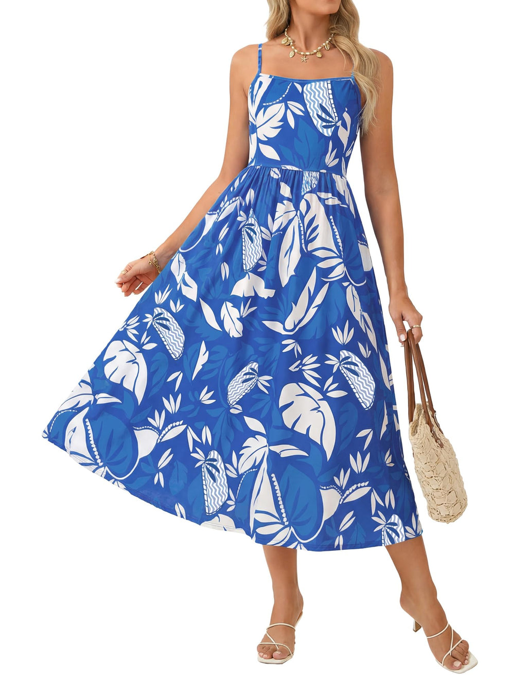 GRACE KARIN Summer Floral Maxi Sundresses for Women 2026 Spaghetti Strap Beach Boho Dress Casual Fashion Clothes with Pocket Blue White XL