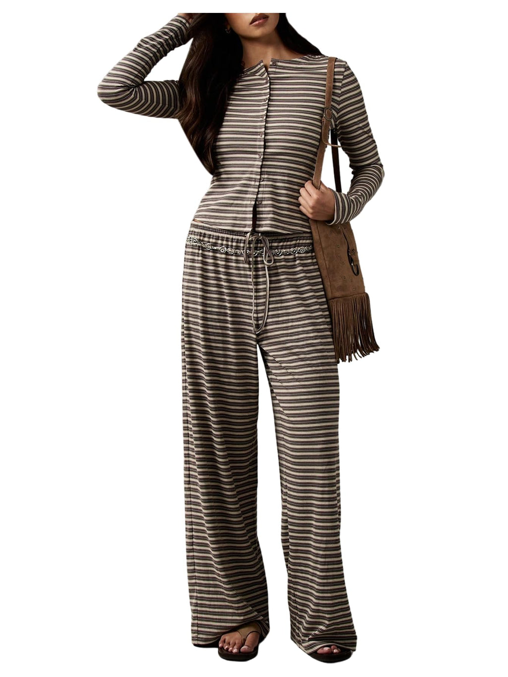 WDIRARA Women's Striped 2 Piece Pants Outfits Long Sleeve Button Down Knit Top Set Leisure Fall Casual Brown Small